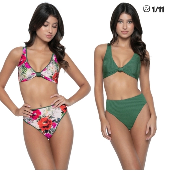 PQ Swim Reversable Floral and Ribbed Green Bikini Size Small - Picture 1 of 10